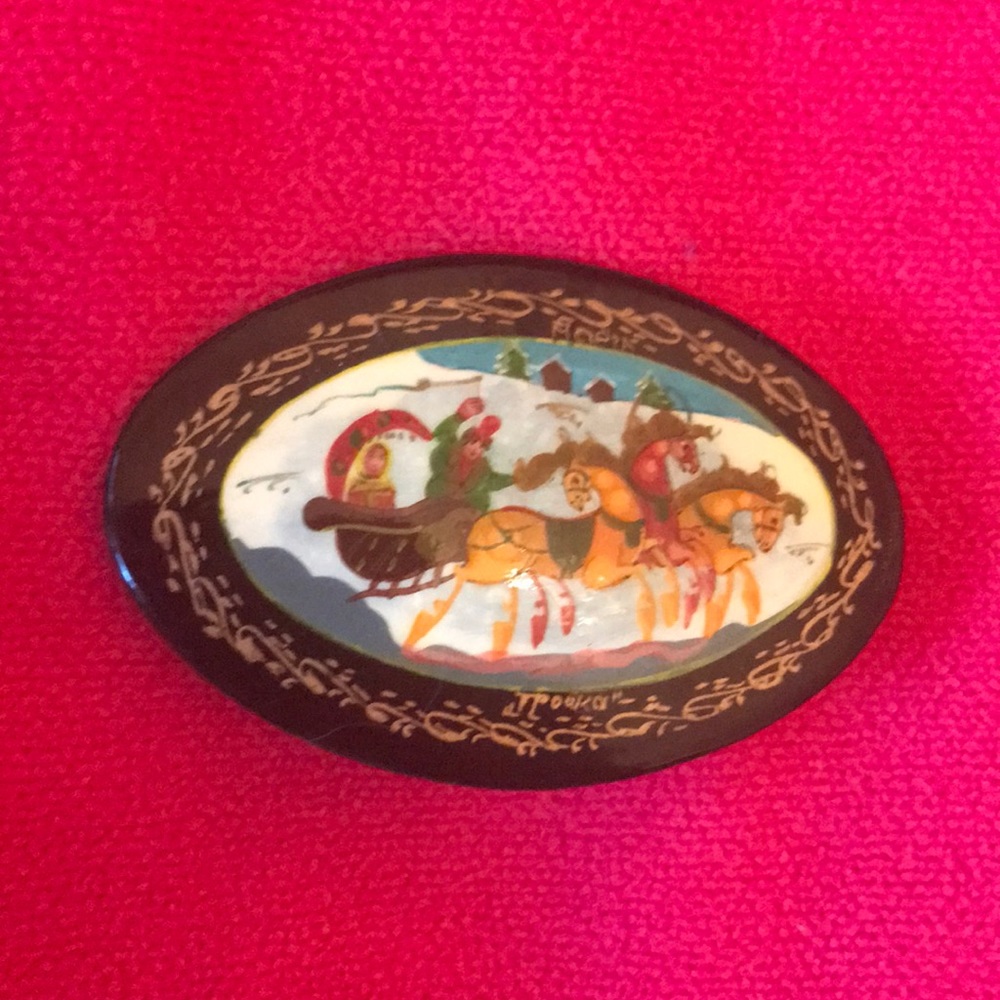 Hand painted lacquered Russian pin. Signed